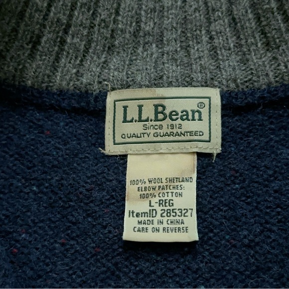 L.L. Bean Sweater Mens Size L 1/4 Zip Pullover Knit Wool Elbow Patch Blue - Picture 4 of 5
